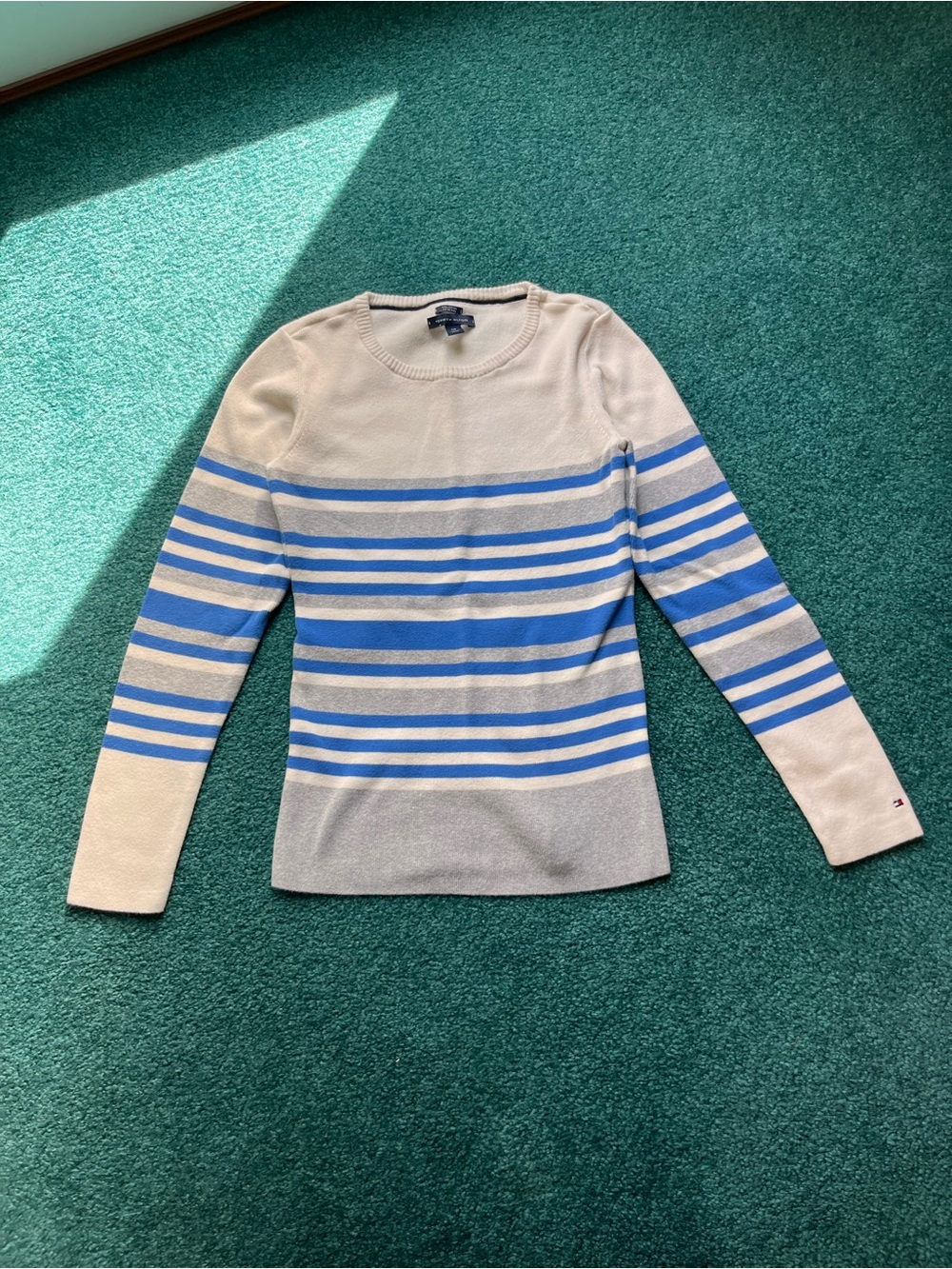Tommy Hilfiger Pima Cotton Stripped Crewneck Sweater Small Cream Blue Gray